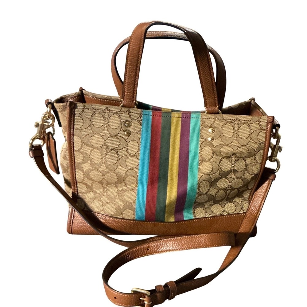 Coach Dempsey Tote 22 Signature Canvas Varsity Stripe Patch C5794 Brown Multi - Picture 4 of 13